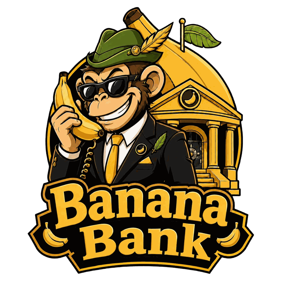 Banana Bank — a monkey banker in a suit taking calls on a banana phone