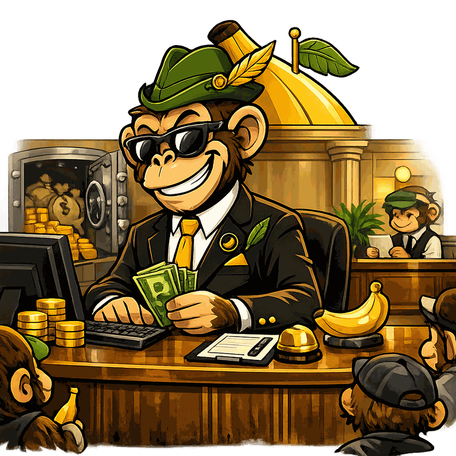Inside Banana Bank — the monkey banker counts banana cash at the teller desk while apes wait in line